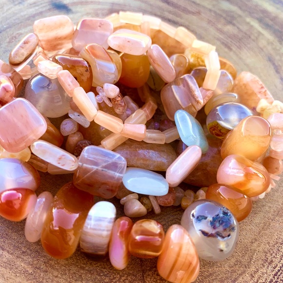 Natural Orange Carnelian & Peach Aventurine Gemstone Mix Beads Bracelet Stack - Picture 2 of 10